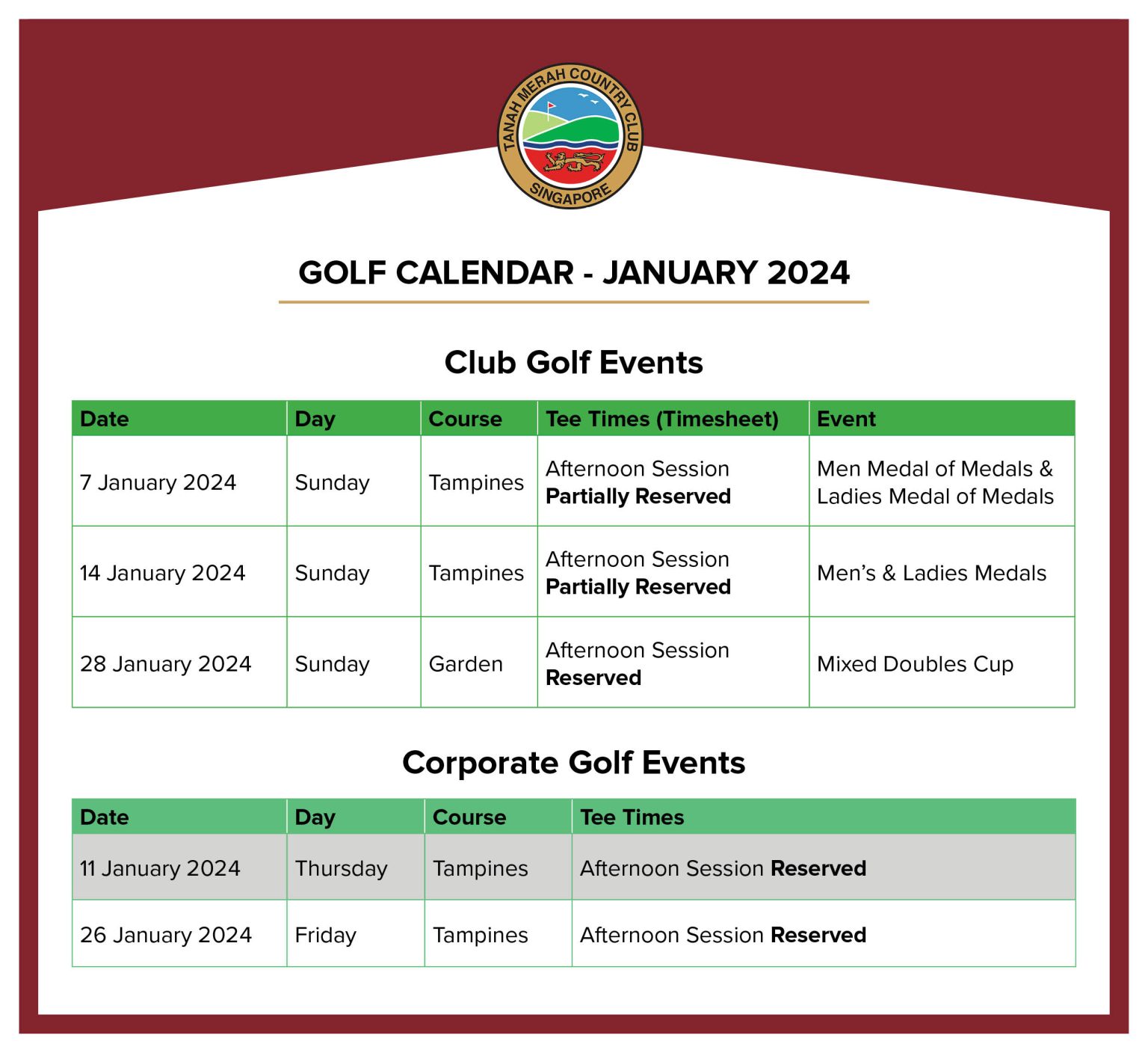 Golf Calendar January 2024 TMCC